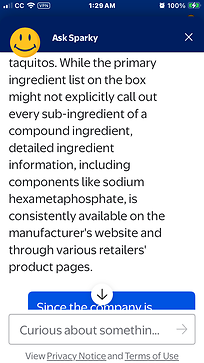 Exchange with avatar on Walmart website concerning El Monterey frozen taquitos